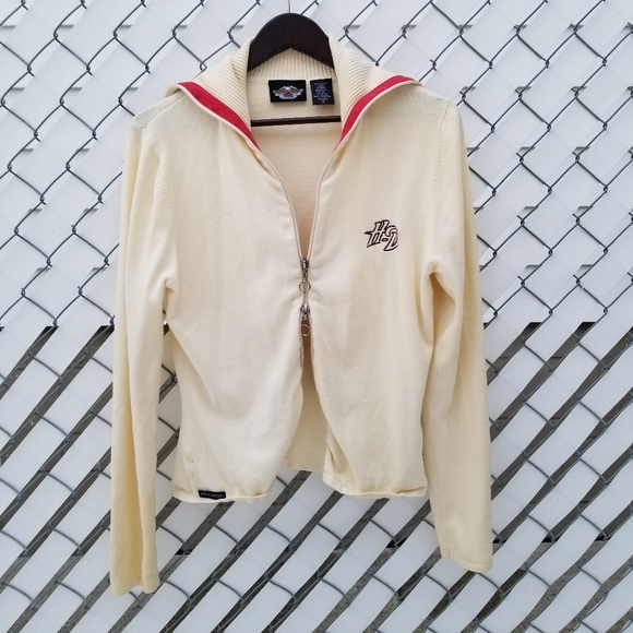 Harley-Davidson two way zipper cream knit zip up sweater M - Picture 4 of 10